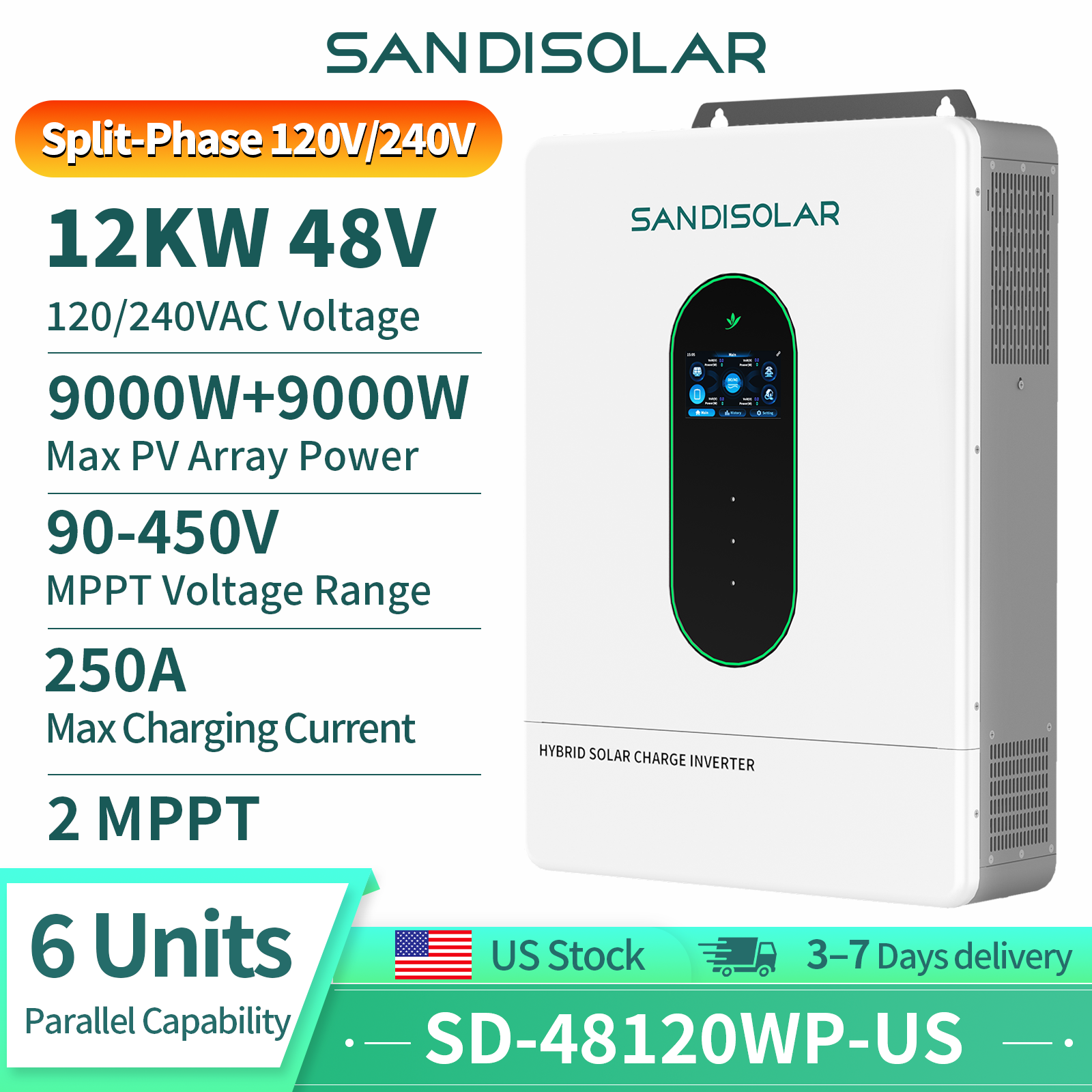 Drone Solar Charger - SANDISOLAR 12KW 48V Split-Phase Inverter 120V/240V